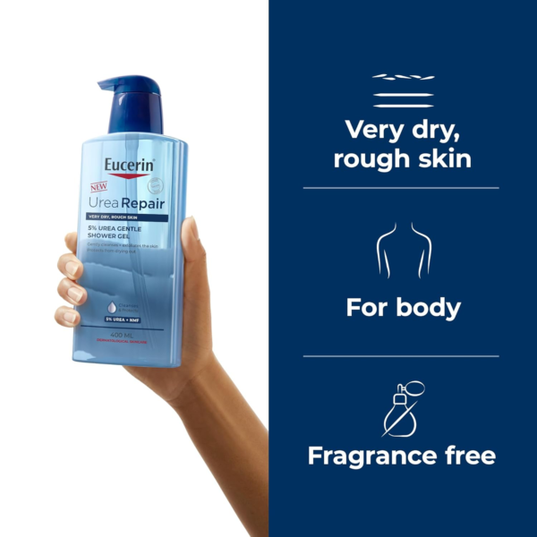 Eucerin Urea Repair Gentle Shower Gel, with 5% Urea and NMF, cleanses, exfoliates and protects against dryness, dermatologically proven, for dry and rough skin, 400 ml - Image 4