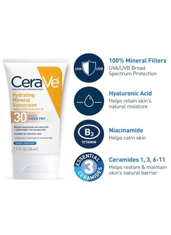 CeraVe Tinted Sunscreen SPF 30 | Hydrating Mineral Sunscreen with Zinc Oxide and Titanium Dioxide | Sheer Tint for a Healthy Glow | 1.7 fl oz 50ml - Image 4