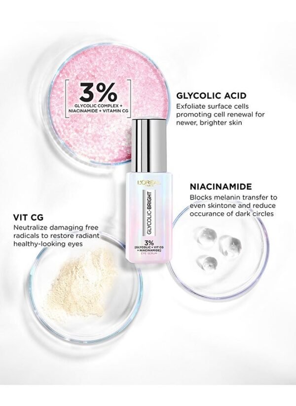 L’OREAL PARIS Glycolic Bright 3% [Glycolic + Vitamin C + Niacinamide] Eye Serum for Dark Circles - Image 2