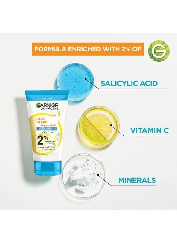 Garnier Skin Active Fast Clear 3-in-1 Face Wash for Acne-Prone Skin with Salicylic Acid and Vitamin C, 150ml - Image 2