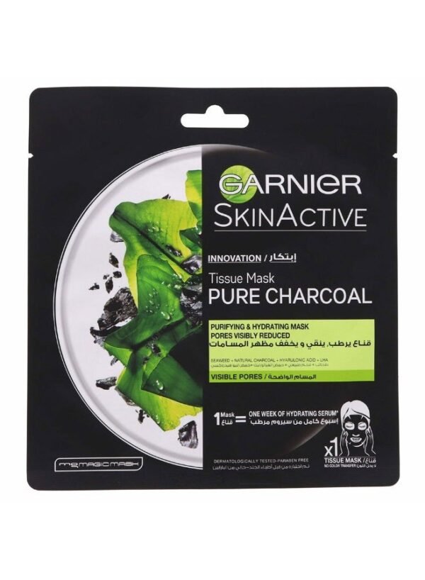 Garnier SkinActive Pure Active 3-in-1 Hydrating Facial Sheet Mask with Natural Charcoal, Algae & Hyaluronic Acid